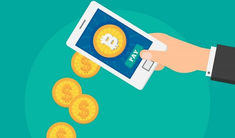 Wallet bitcoins pouring out of a mobile cryptocurrency wallet